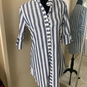 Blue stripe linen dress with bell sleeves
